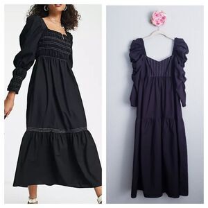 Topshop Black Ruched Sleeve Poplin Midi Dress